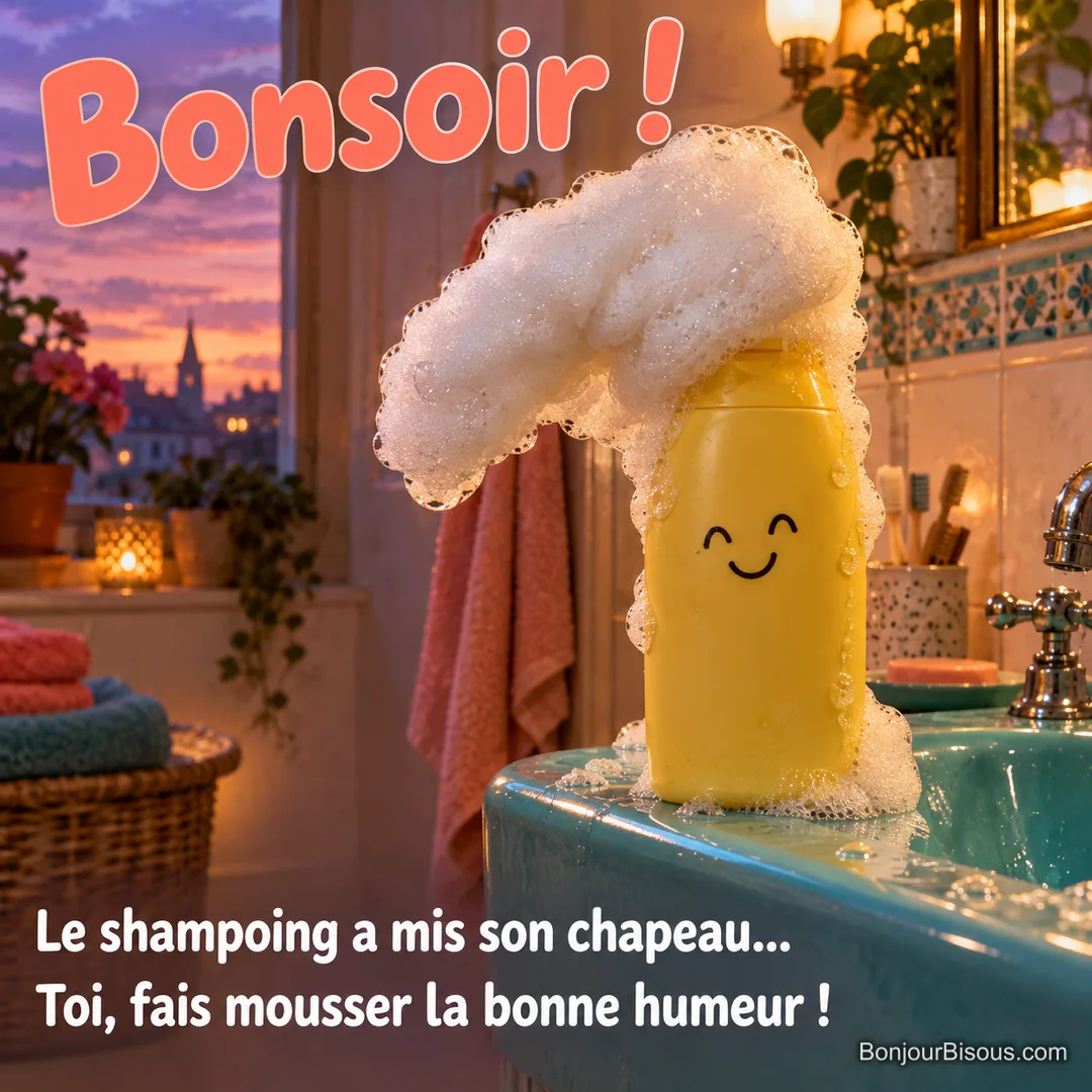 Un flacon de shampoing jaune porte un immense chapeau de mousse au bord d’un lavabo, avec le texte « Bonsoir ! Le shampoing a mis son chapeau… Toi, fais mousser la bonne humeur ! ».