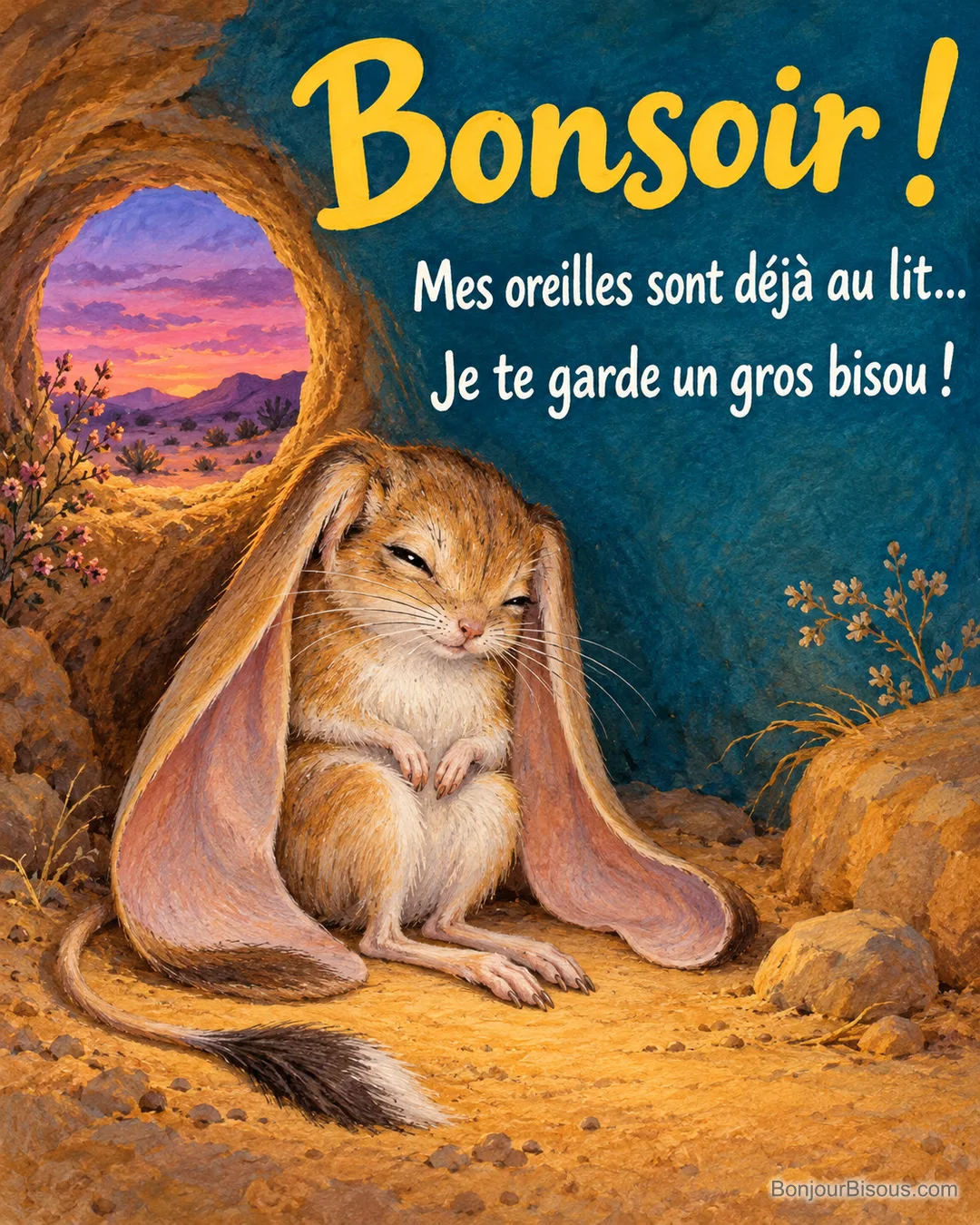 Une gerboise somnolente se couvre les épaules avec ses longues oreilles dans un terrier au crépuscule, avec le texte « Bonsoir ! Mes oreilles sont déjà au lit… Je te garde un gros bisou ! ».