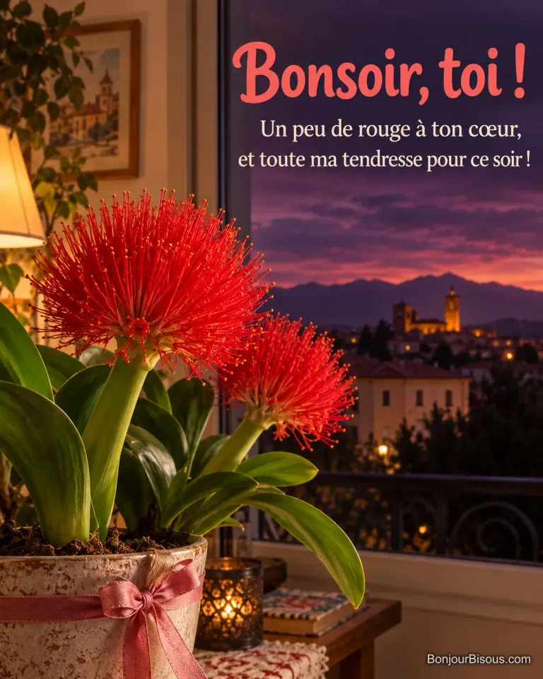 Des fleurs rouges d’hémanthe illuminent un rebord de fenêtre au crépuscule, avec le texte « Bonsoir, toi ! Un peu de rouge à ton cœur, et toute ma tendresse pour ce soir ! ».
