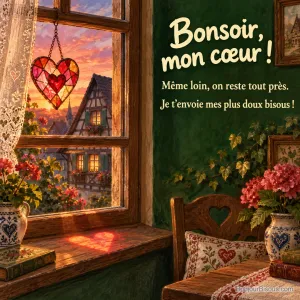 Un cœur de vitrail rouge projette une lumière colorée dans une maison éclairée au crépuscule, avec le texte « Bonsoir, mon cœur ! Même loin, on reste tout près. Je t’envoie mes plus doux bisous ! ».