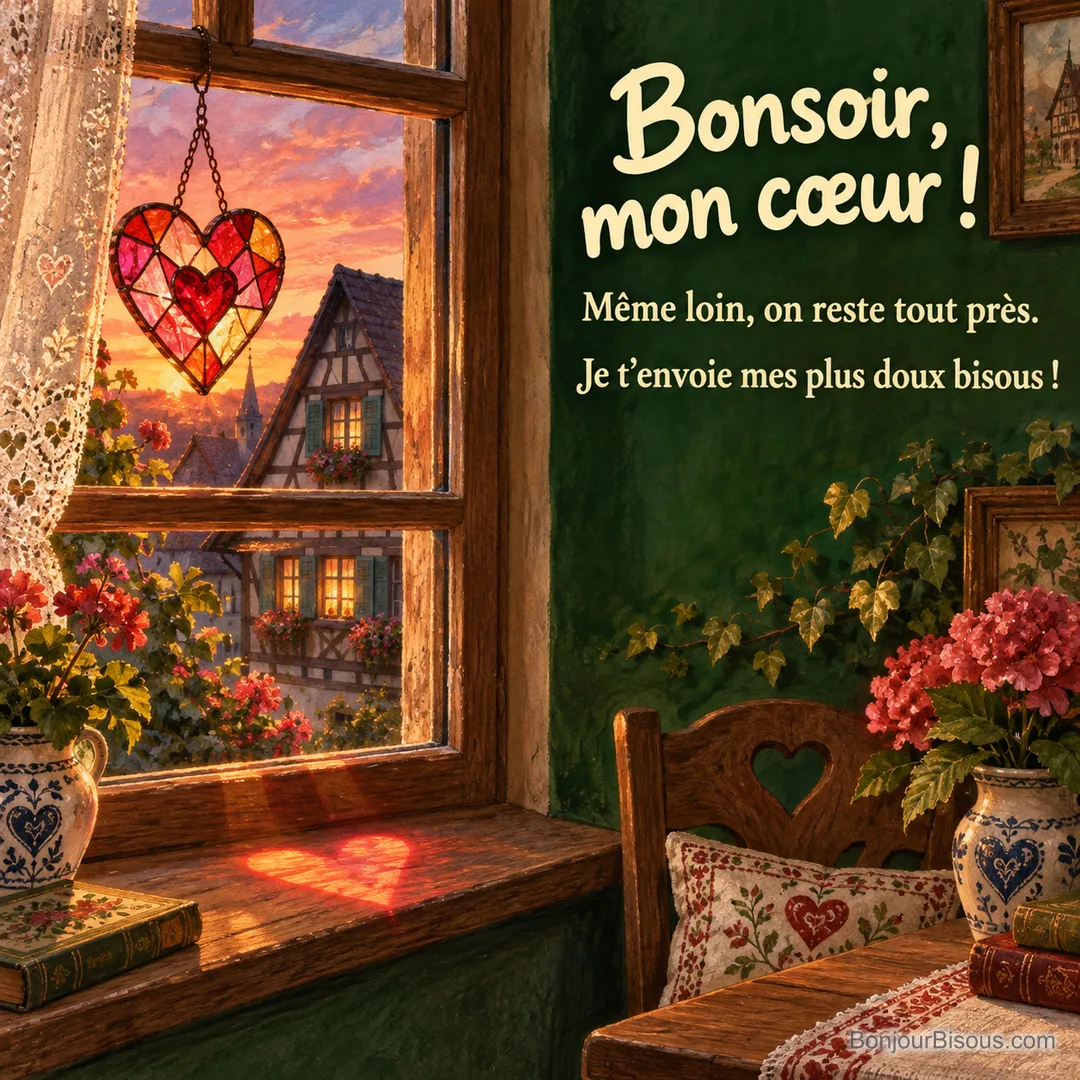 Un cœur de vitrail rouge projette une lumière colorée dans une maison éclairée au crépuscule, avec le texte « Bonsoir, mon cœur ! Même loin, on reste tout près. Je t’envoie mes plus doux bisous ! ».