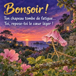 Un phasme tente de relever un grand pétale rose qui lui sert de bonnet dans un jardin au crépuscule, avec le texte « Bonsoir ! Ton chapeau tombe de fatigue… Toi, repose-toi le cœur léger ! ».