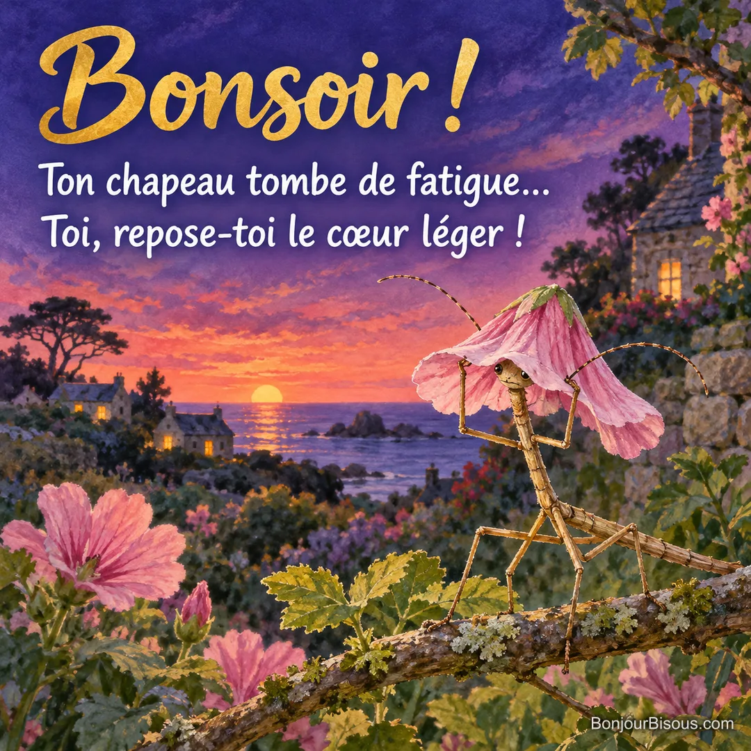 Un phasme tente de relever un grand pétale rose qui lui sert de bonnet dans un jardin au crépuscule, avec le texte « Bonsoir ! Ton chapeau tombe de fatigue… Toi, repose-toi le cœur léger ! ».