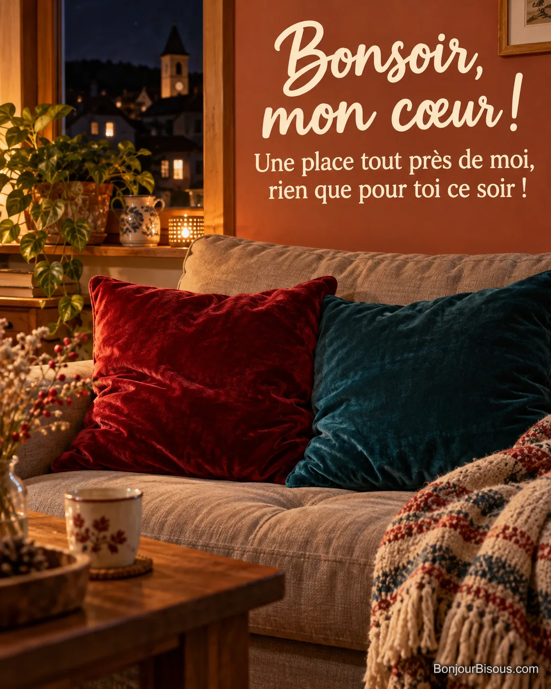 Deux coussins de velours cerise et bleu paon se rejoignent sur un canapé éclairé chaleureusement le soir, avec le texte « Bonsoir, mon cœur ! Une place tout près de moi, rien que pour toi ce soir ! ».
