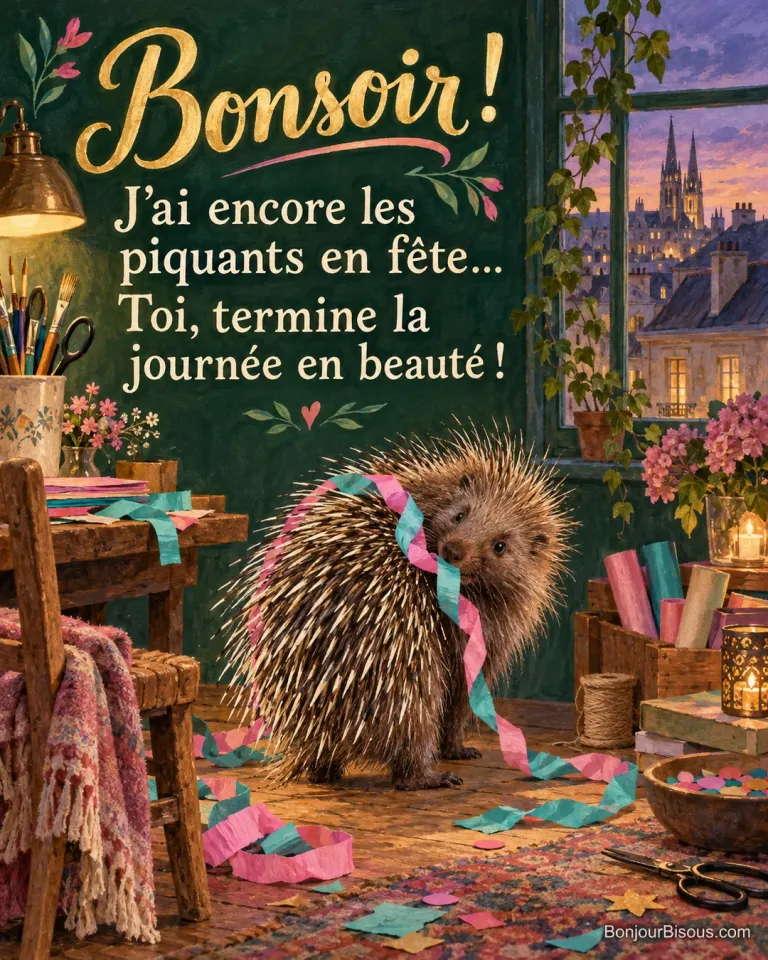 Un porc-épic découvre un serpentin rose et turquoise emmêlé dans ses piquants à la fin de la journée. Le message est : « Bonsoir ! J’ai encore les piquants en fête… Toi, termine la journée en beauté ! ».