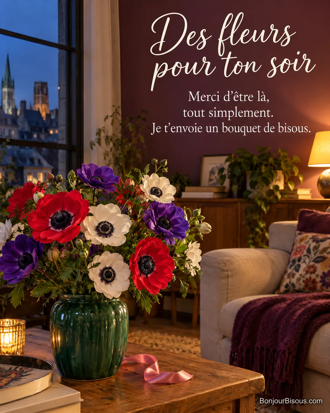 Un bouquet d’anémones rouges, violettes et blanches offert dans un vase vert remercie une personne chère dans la lumière du soir. Le message est : « Des fleurs pour ton soir Merci d’être là, tout simplement. Je t’envoie un bouquet de bisous. ». Un bouquet d’anémones rouges, violettes et blanches offert dans un vase vert remercie une personne chère dans la lumière du soir. Le message est : « Des fleurs pour ton soir Merci d’être là, tout simplement. Je t’envoie un bouquet de bisous. ».