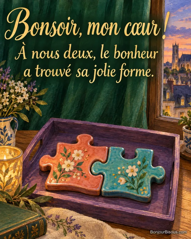 Deux pièces de puzzle en céramique corail et turquoise s’emboîtent comme un tendre symbole de bonheur partagé au début de soirée. Le message est : « Bonsoir, mon cœur ! À nous deux, le bonheur a trouvé sa jolie forme. ».