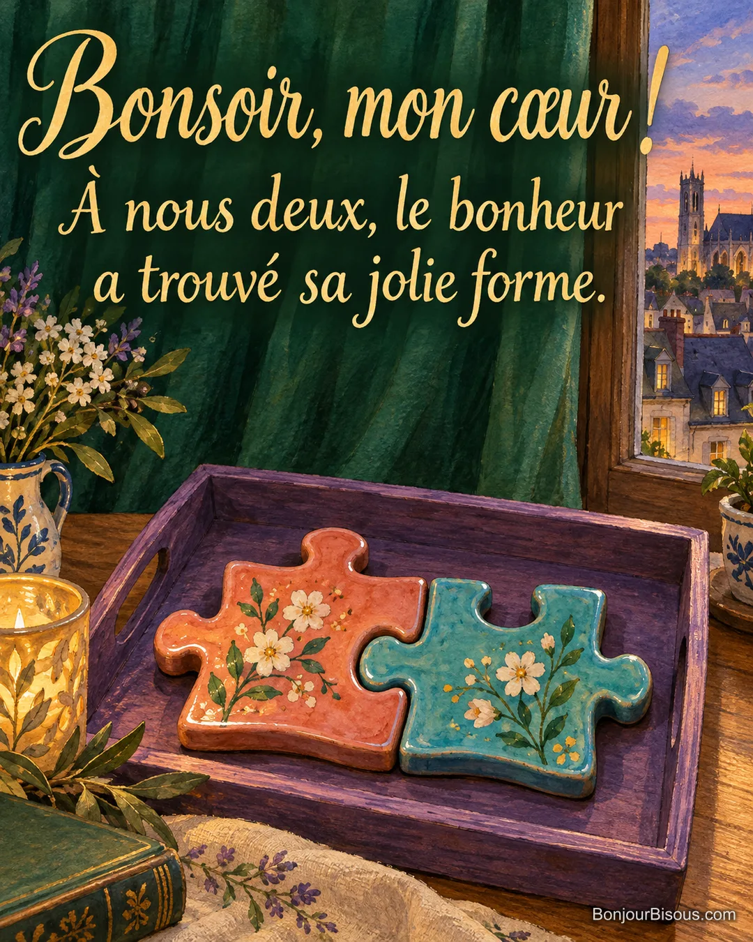Deux pièces de puzzle en céramique corail et turquoise s’emboîtent comme un tendre symbole de bonheur partagé au début de soirée. Le message est : « Bonsoir, mon cœur ! À nous deux, le bonheur a trouvé sa jolie forme. ». Deux pièces de puzzle en céramique corail et turquoise s’emboîtent comme un tendre symbole de bonheur partagé au début de soirée. Le message est : « Bonsoir, mon cœur ! À nous deux, le bonheur a trouvé sa jolie forme. ».