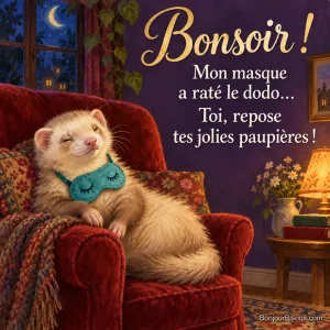 Un furet blanc somnolent porte son masque de sommeil turquoise sous le menton comme un bavoir dans un fauteuil du soir. Le message est : « Bonsoir ! Mon masque a raté le dodo… Toi, repose tes jolies paupières ! ».
