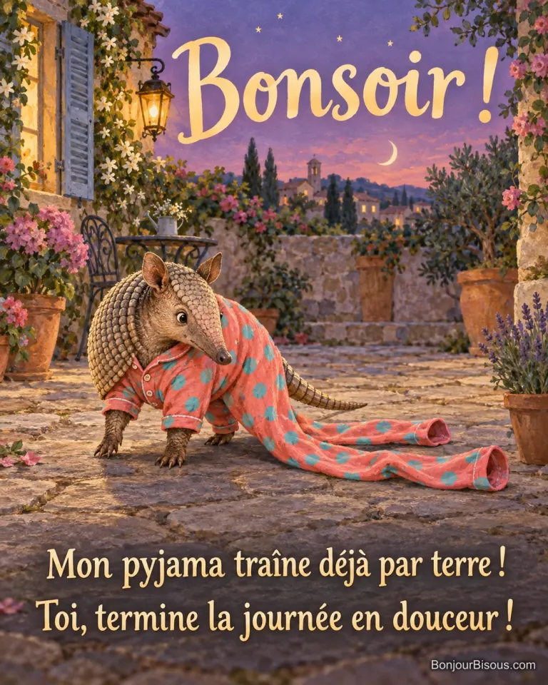 Un tatou marche dans un pyjama corail dont les jambes trop longues traînent derrière lui au crépuscule. Le message est : « Bonsoir ! Mon pyjama traîne déjà par terre ! Toi, termine la journée en douceur ! ».