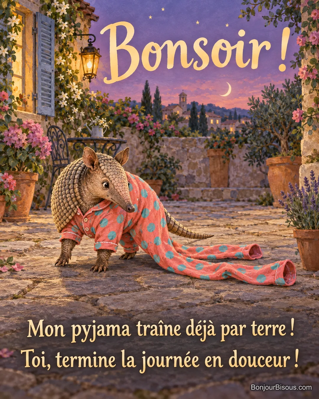 Un tatou marche dans un pyjama corail dont les jambes trop longues traînent derrière lui au crépuscule. Le message est : « Bonsoir ! Mon pyjama traîne déjà par terre ! Toi, termine la journée en douceur ! ».
