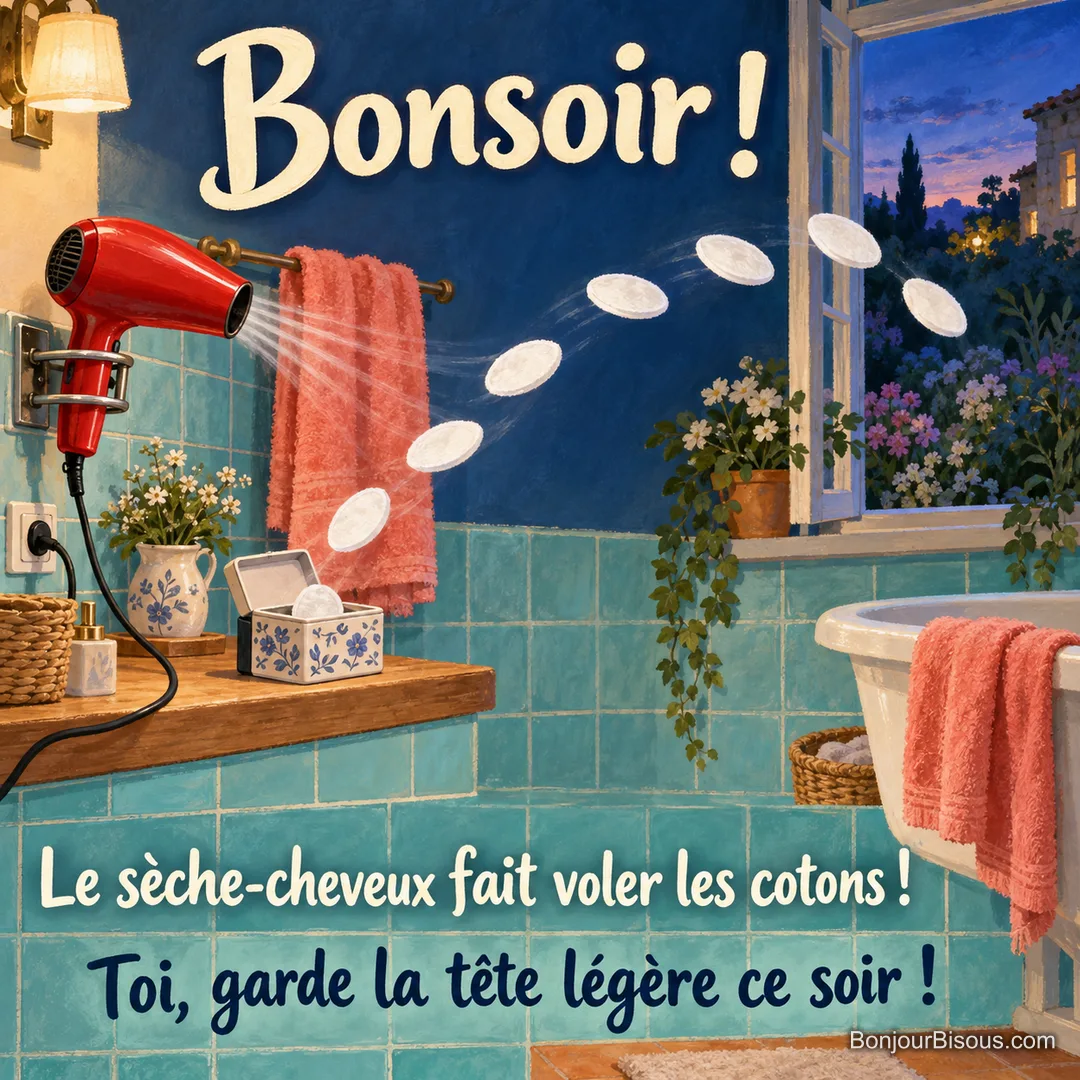 Un sèche-cheveux souffle sept disques de coton dans une salle de bain au début de soirée. Le message est : « Bonsoir ! Le sèche-cheveux fait voler les cotons ! Toi, garde la tête légère ce soir ! ».
