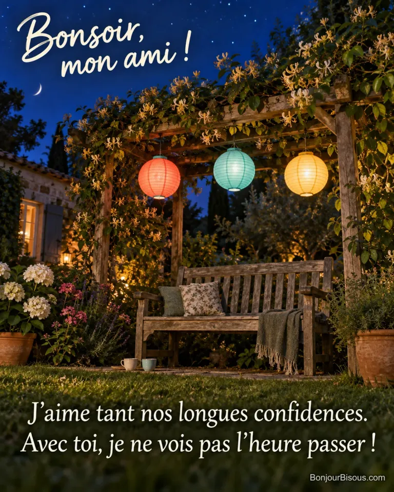 Trois lampions colorés éclairent une pergola et un banc de jardin après de longues confidences. Le message est : « Bonsoir, mon ami ! J’aime tant nos longues confidences. Avec toi, je ne vois pas l’heure passer ! ».