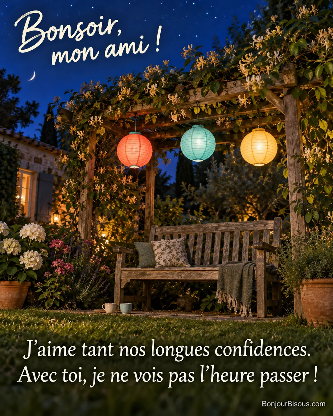 Trois lampions colorés éclairent une pergola et un banc de jardin après de longues confidences. Le message est : « Bonsoir, mon ami ! J’aime tant nos longues confidences. Avec toi, je ne vois pas l’heure passer ! ».