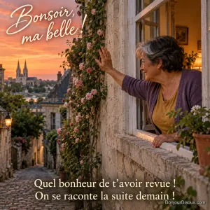 Une femme de 62 ans salue une amie qui vient de partir depuis sa fenêtre dans la lumière du soir. Le message est : « Bonsoir, ma belle ! Quel bonheur de t’avoir revue ! On se raconte la suite demain ! ».