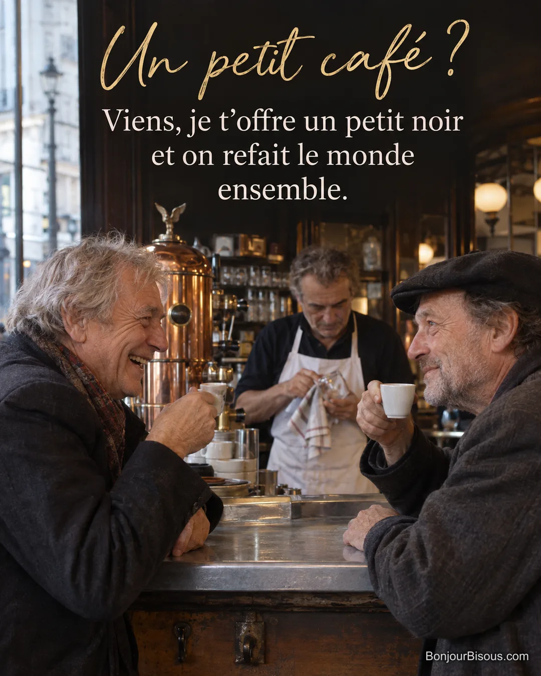 Photo de deux hommes âgés accoudés au comptoir en zinc d’un bistrot parisien, tasses d’expresso à la main, le patron essuie un verre derrière, avec le texte « Un petit café ? Viens, je t’offre un petit noir et on refait le monde ensemble. » Photo de deux hommes âgés accoudés au comptoir en zinc d’un bistrot parisien, tasses d’expresso à la main, le patron essuie un verre derrière, avec le texte « Un petit café ? Viens, je t’offre un petit noir et on refait le monde ensemble. »
