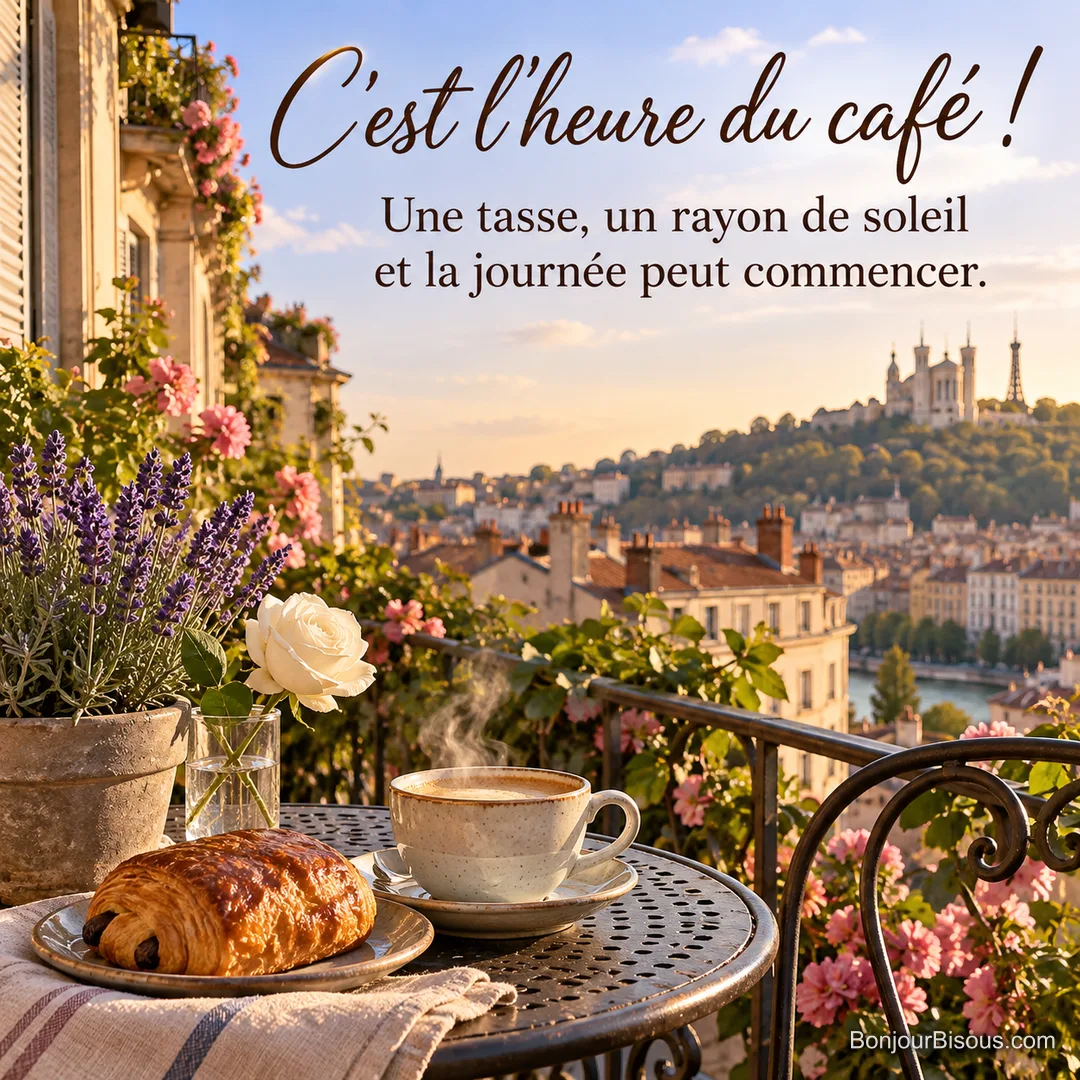 Photo d’une tasse de café et d’un pain au chocolat sur une table de balcon en fer forgé avec lavande et rose blanche, vue sur les toits de Lyon et Fourvière, avec le texte « C’est l’heure du café ! Une tasse, un rayon de soleil et la journée peut commencer. » Photo d’une tasse de café et d’un pain au chocolat sur une table de balcon en fer forgé avec lavande et rose blanche, vue sur les toits de Lyon et Fourvière, avec le texte « C’est l’heure du café ! Une tasse, un rayon de soleil et la journée peut commencer. »