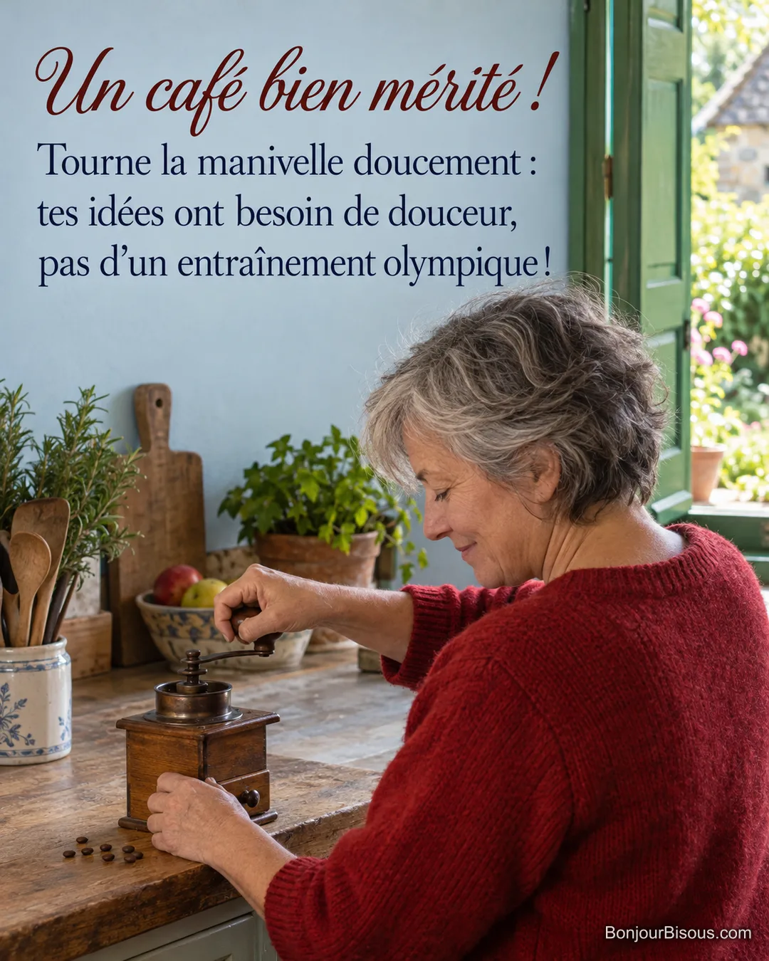 Une femme tourne la manivelle d’un moulin à café dans une cuisine du Perche, avec le texte « Un café bien mérité ! Tourne la manivelle doucement : tes idées ont besoin de douceur, pas d’un entraînement olympique ! ». Une femme tourne la manivelle d’un moulin à café dans une cuisine du Perche, avec le texte « Un café bien mérité ! Tourne la manivelle doucement : tes idées ont besoin de douceur, pas d’un entraînement olympique ! ».