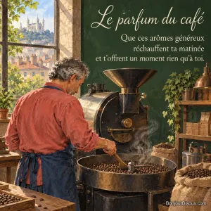 Un torréfacteur remue des grains de café dans un atelier lyonnais, avec le texte « Le parfum du café Que ces arômes généreux réchauffent ta matinée et t’offrent un moment rien qu’à toi. ».