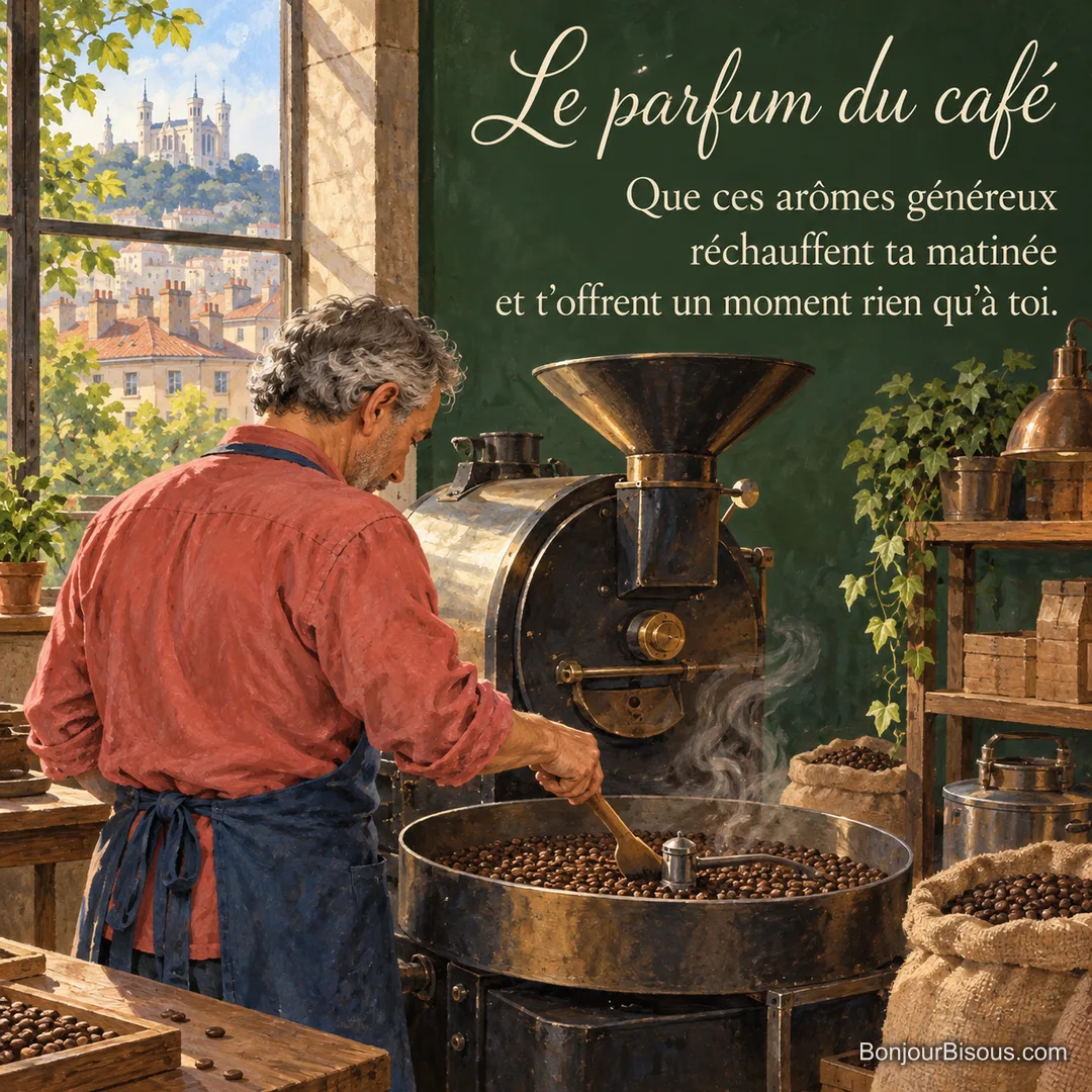 Un torréfacteur remue des grains de café dans un atelier lyonnais, avec le texte « Le parfum du café Que ces arômes généreux réchauffent ta matinée et t’offrent un moment rien qu’à toi. ». Un torréfacteur remue des grains de café dans un atelier lyonnais, avec le texte « Le parfum du café Que ces arômes généreux réchauffent ta matinée et t’offrent un moment rien qu’à toi. ».