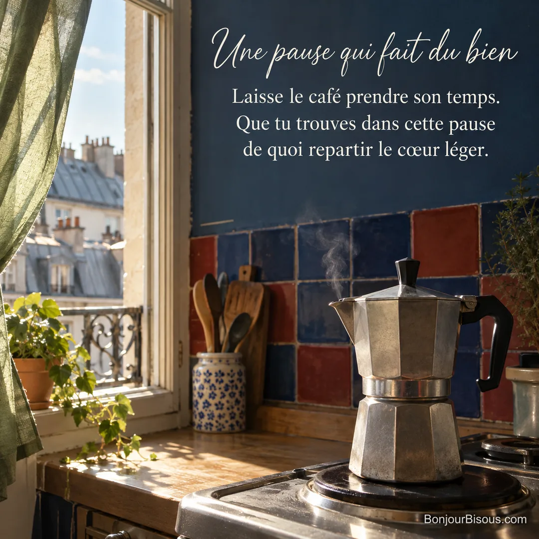 Une cafetière italienne chauffe dans une cuisine parisienne aux carreaux colorés, avec le texte « Une pause qui fait du bien Laisse le café prendre son temps. Que tu trouves dans cette pause de quoi repartir le cœur léger. ». Une cafetière italienne chauffe dans une cuisine parisienne aux carreaux colorés, avec le texte « Une pause qui fait du bien Laisse le café prendre son temps. Que tu trouves dans cette pause de quoi repartir le cœur léger. ».