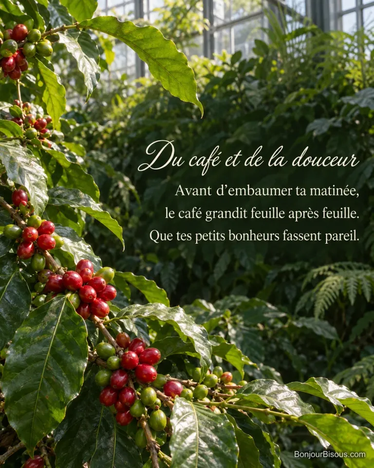 Des cerises de café mûrissent sur un caféier aux feuilles vertes dans une serre, avec le texte « Du café et de la douceur Avant d’embaumer ta matinée, le café grandit feuille après feuille. Que tes petits bonheurs fassent pareil. ».