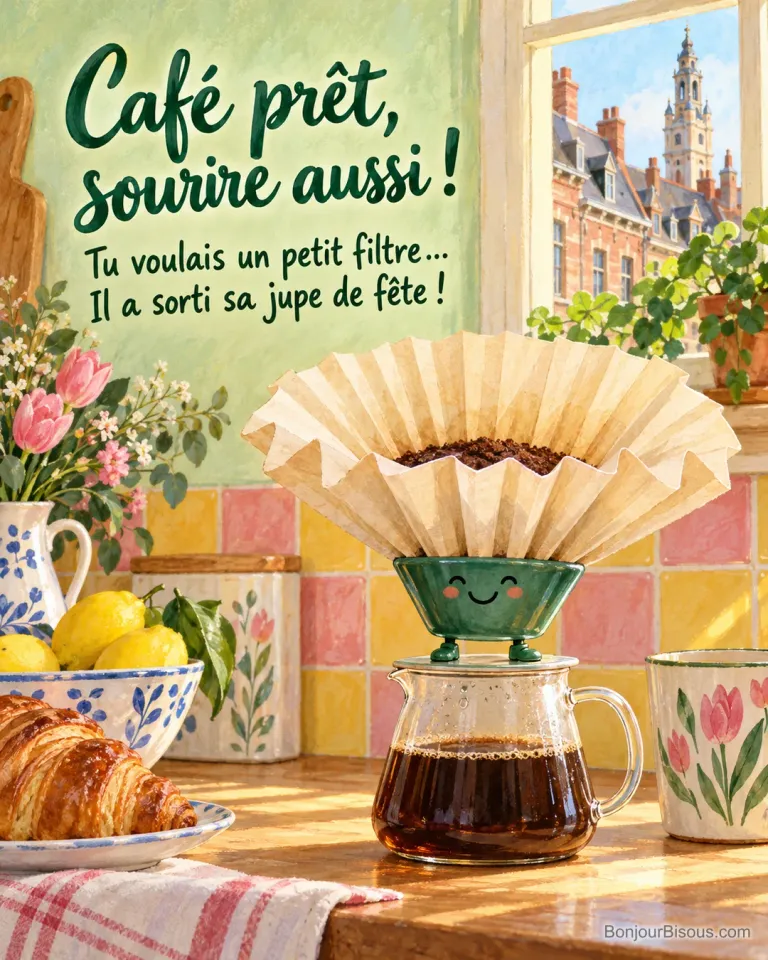 Un filtre à café démesuré forme une grande jupe plissée autour d’un petit porte-filtre vert souriant, avec le texte « Café prêt, sourire aussi ! Tu voulais un petit filtre… Il a sorti sa jupe de fête ! ».
