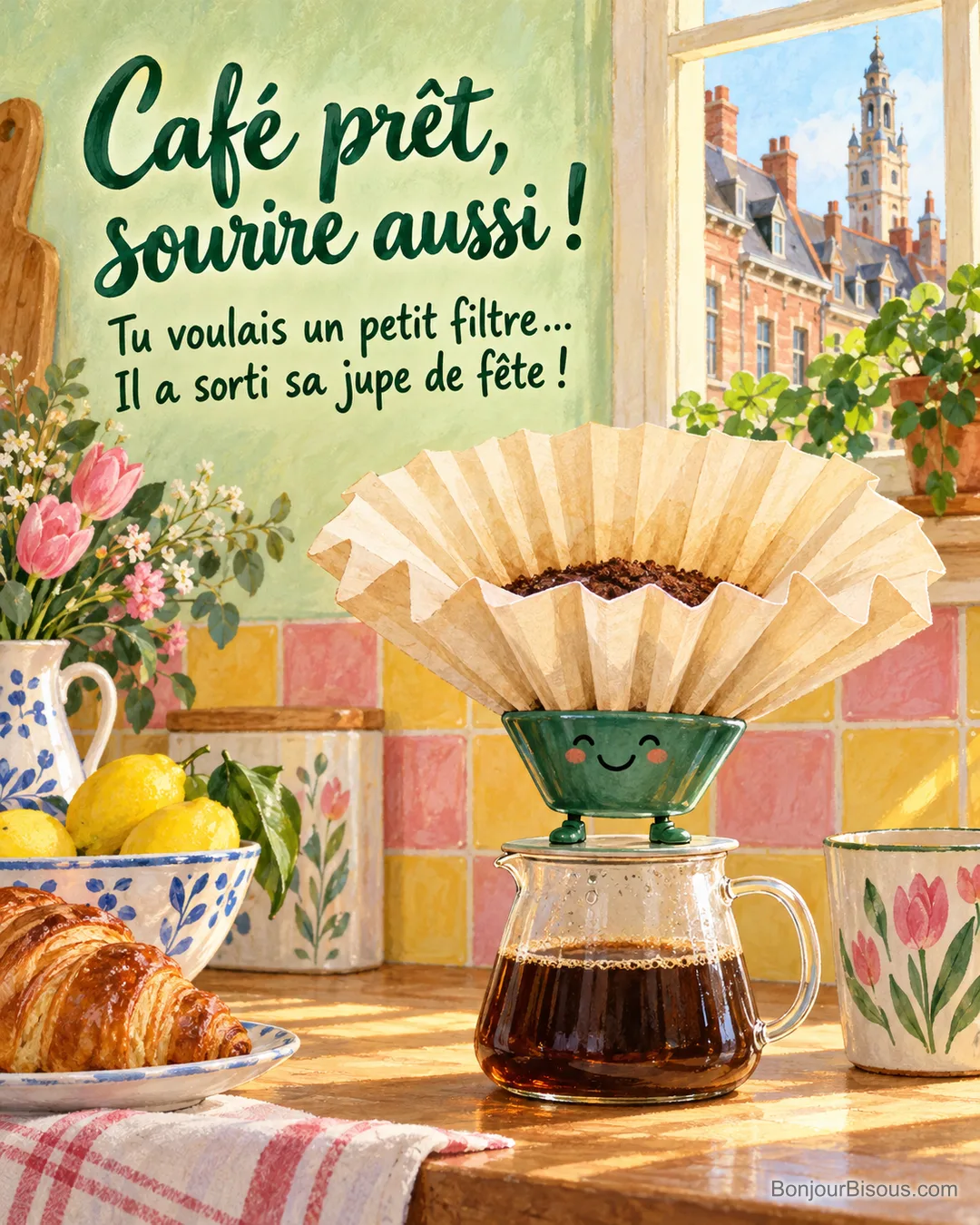 Un filtre à café démesuré forme une grande jupe plissée autour d’un petit porte-filtre vert souriant, avec le texte « Café prêt, sourire aussi ! Tu voulais un petit filtre… Il a sorti sa jupe de fête ! ». Un filtre à café démesuré forme une grande jupe plissée autour d’un petit porte-filtre vert souriant, avec le texte « Café prêt, sourire aussi ! Tu voulais un petit filtre… Il a sorti sa jupe de fête ! ».