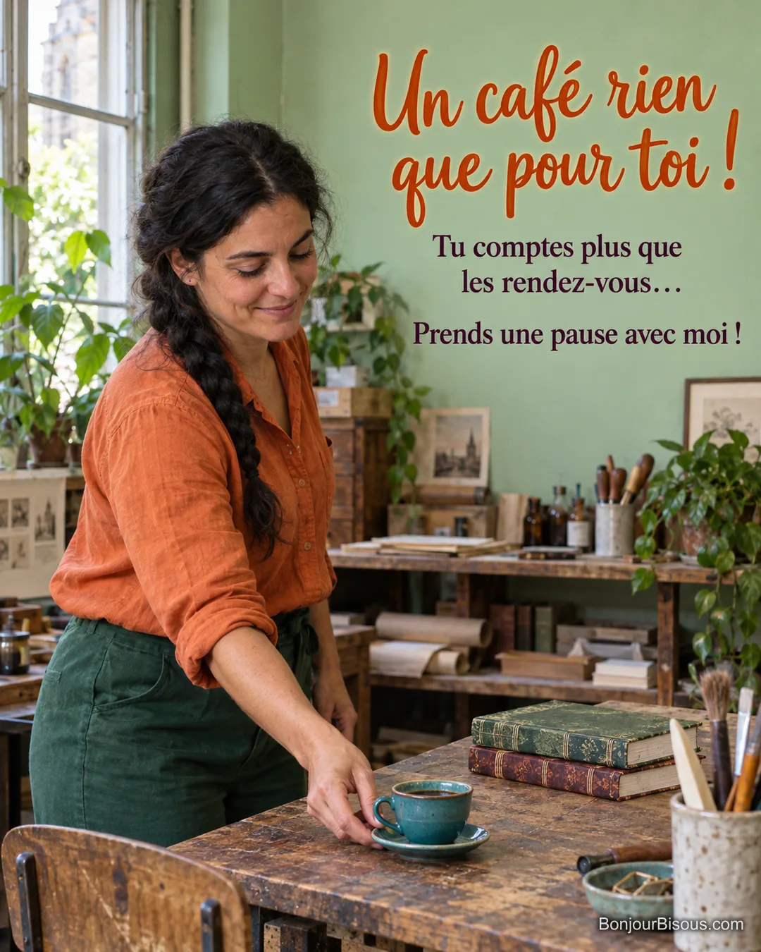 Une relieuse en chemise mandarine dépose une tasse de café pour un visiteur sur l’établi de son atelier, avec le texte « Un café rien que pour toi ! Tu comptes plus que les rendez-vous… Prends une pause avec moi ! ». Une relieuse en chemise mandarine dépose une tasse de café pour un visiteur sur l’établi de son atelier, avec le texte « Un café rien que pour toi ! Tu comptes plus que les rendez-vous… Prends une pause avec moi ! ».