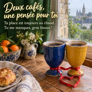 Deux mazagrans bleu et jaune se touchent près d’une fenêtre pluvieuse, réunis par un ruban rouge en forme de cœur, avec le texte « Deux cafés, une pensée pour toi Ta place est toujours au chaud… Tu me manques, gros bisous ! ».