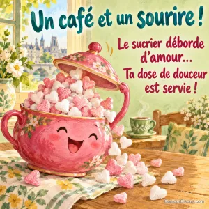 Un sucrier rose souriant déborde de petits cœurs de sucre près d’un café, avec le texte « Un café et un sourire ! Le sucrier déborde d’amour… Ta dose de douceur est servie ! ».