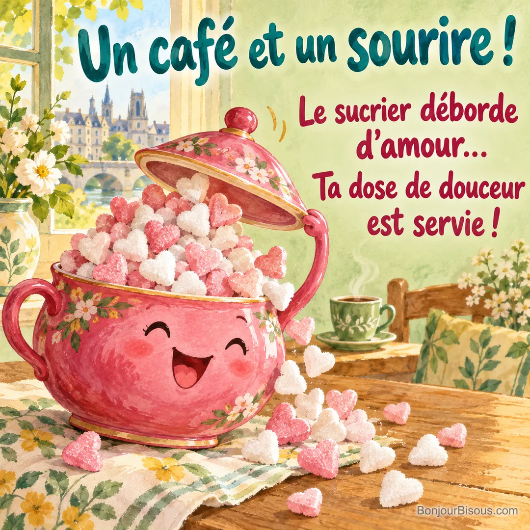 Un sucrier rose souriant déborde de petits cœurs de sucre près d’un café, avec le texte « Un café et un sourire ! Le sucrier déborde d’amour… Ta dose de douceur est servie ! ». Un sucrier rose souriant déborde de petits cœurs de sucre près d’un café, avec le texte « Un café et un sourire ! Le sucrier déborde d’amour… Ta dose de douceur est servie ! ».