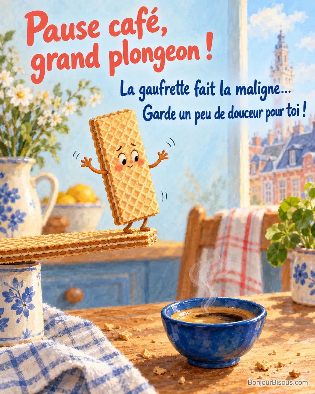 Une gaufrette hésite à plonger depuis un plongeoir de biscuit au-dessus d’un petit expresso, avec le texte « Pause café, grand plongeon ! La gaufrette fait la maligne… Garde un peu de douceur pour toi ! ». Une gaufrette hésite à plonger depuis un plongeoir de biscuit au-dessus d’un petit expresso, avec le texte « Pause café, grand plongeon ! La gaufrette fait la maligne… Garde un peu de douceur pour toi ! ».