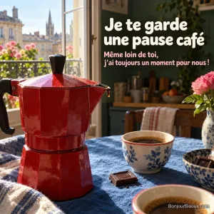 Une cafetière moka rouge vient de servir un café dans une cuisine bordelaise ensoleillée, avec le texte « Je te garde une pause café Même loin de toi, j’ai toujours un moment pour nous ! ».