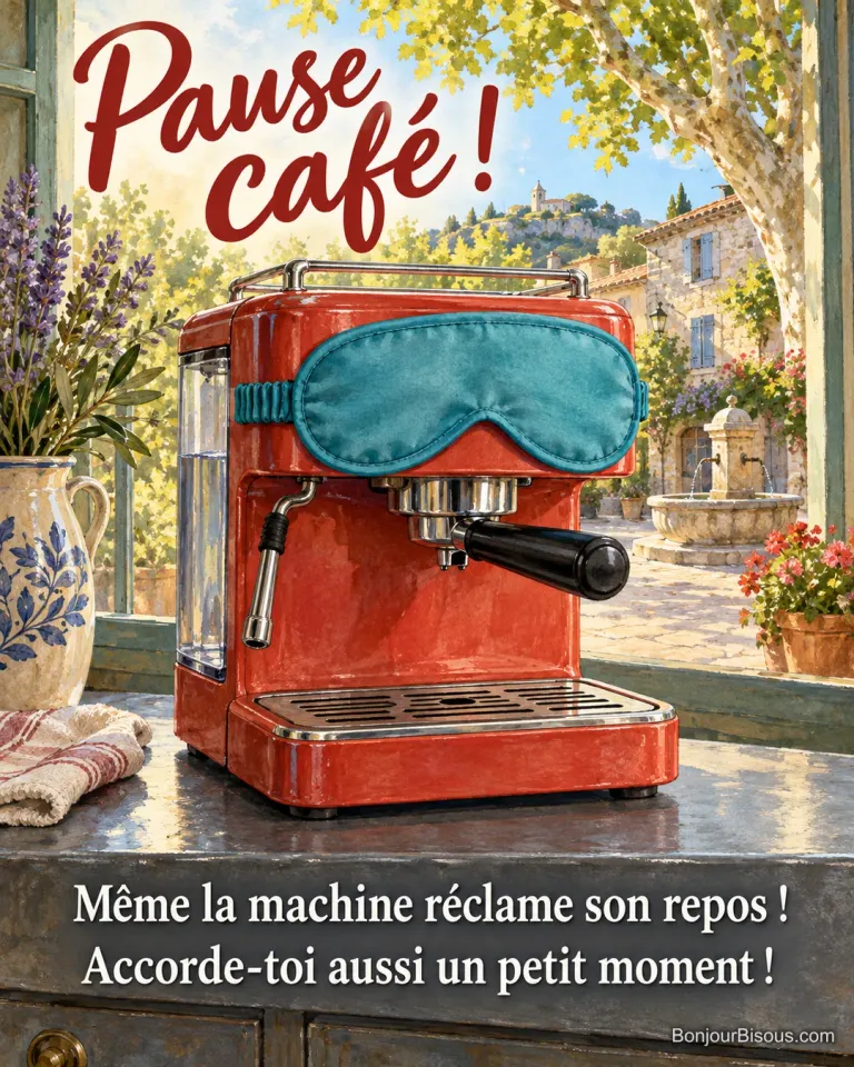 Une machine à expresso rouge porte un gros masque de sommeil qui couvre son cadran et ses boutons. Le message est : « Pause café ! Même la machine réclame son repos ! Accorde-toi aussi un petit moment ! ».