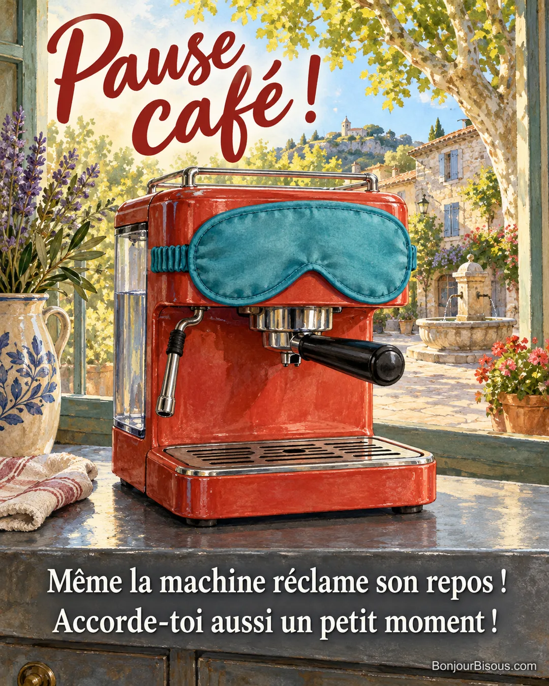 Une machine à expresso rouge porte un gros masque de sommeil qui couvre son cadran et ses boutons. Le message est : « Pause café ! Même la machine réclame son repos ! Accorde-toi aussi un petit moment ! ».