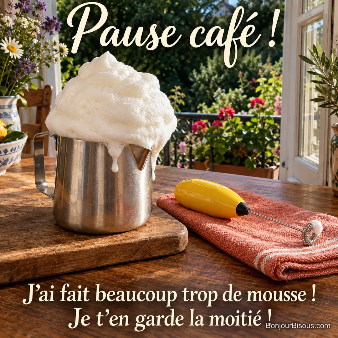 Un mousseur à lait a fait déborder une montagne de mousse blanche d’un petit pichet métallique. Le message est : « Pause café ! J’ai fait beaucoup trop de mousse ! Je t’en garde la moitié ! ».