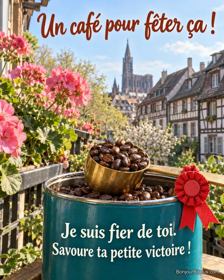 Une cuillère doseuse en laiton et des grains de café accompagnent une cocarde rouge préparée pour célébrer une réussite. Le message est : « Un café pour fêter ça ! Je suis fier de toi. Savoure ta petite victoire ! ».