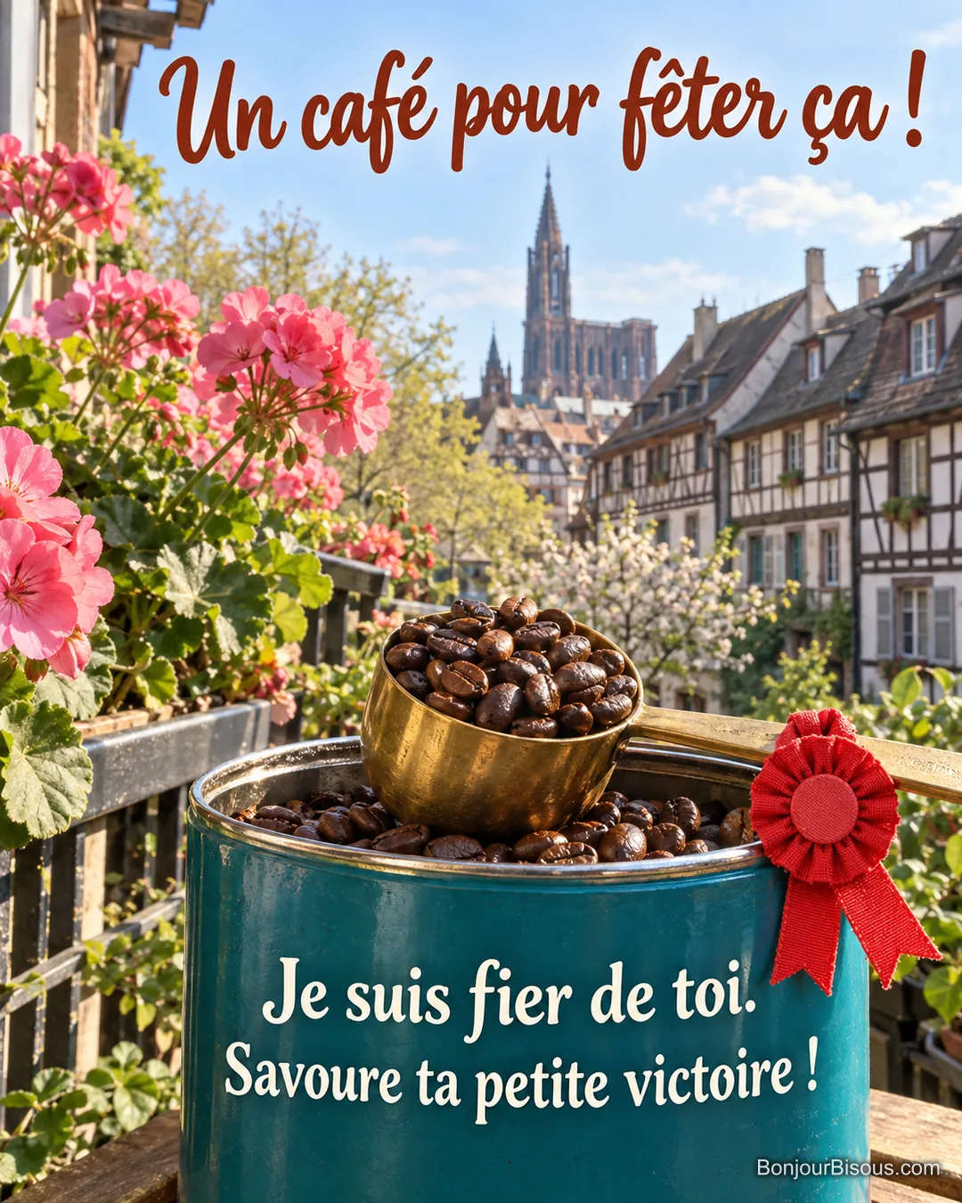 Une cuillère doseuse en laiton et des grains de café accompagnent une cocarde rouge préparée pour célébrer une réussite. Le message est : « Un café pour fêter ça ! Je suis fier de toi. Savoure ta petite victoire ! ».