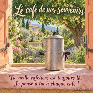 Une ancienne cafetière napolitaine en métal est conservée avec tendresse devant une fenêtre fleurie de cuisine. Le message est : « Le café de nos souvenirs Ta vieille cafetière est toujours là. Je pense à toi à chaque café ! ».