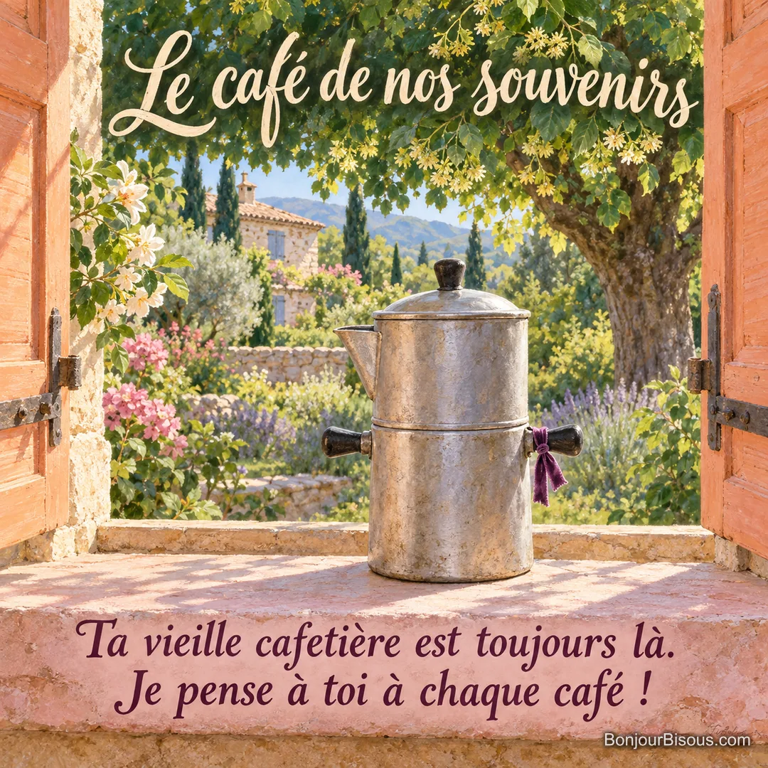 Une ancienne cafetière napolitaine en métal est conservée avec tendresse devant une fenêtre fleurie de cuisine. Le message est : « Le café de nos souvenirs Ta vieille cafetière est toujours là. Je pense à toi à chaque café ! ». Une ancienne cafetière napolitaine en métal est conservée avec tendresse devant une fenêtre fleurie de cuisine. Le message est : « Le café de nos souvenirs Ta vieille cafetière est toujours là. Je pense à toi à chaque café ! ».
