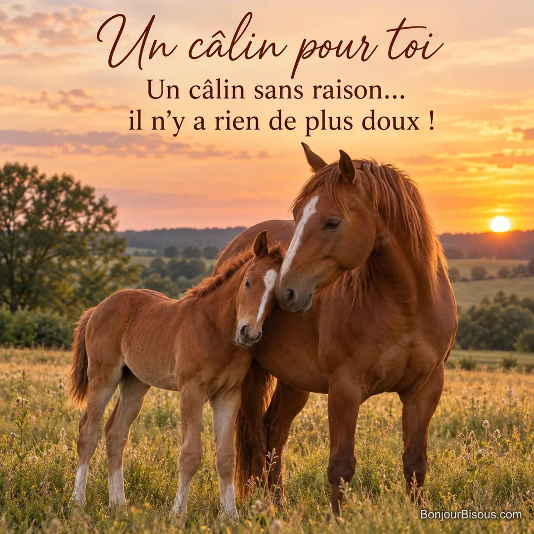 Photo d’une jument alezane et de son poulain qui se serrent l’un contre l’autre dans un pré au coucher du soleil, avec le texte « Un câlin pour toi – Un câlin sans raison… il n’y a rien de plus doux ! »