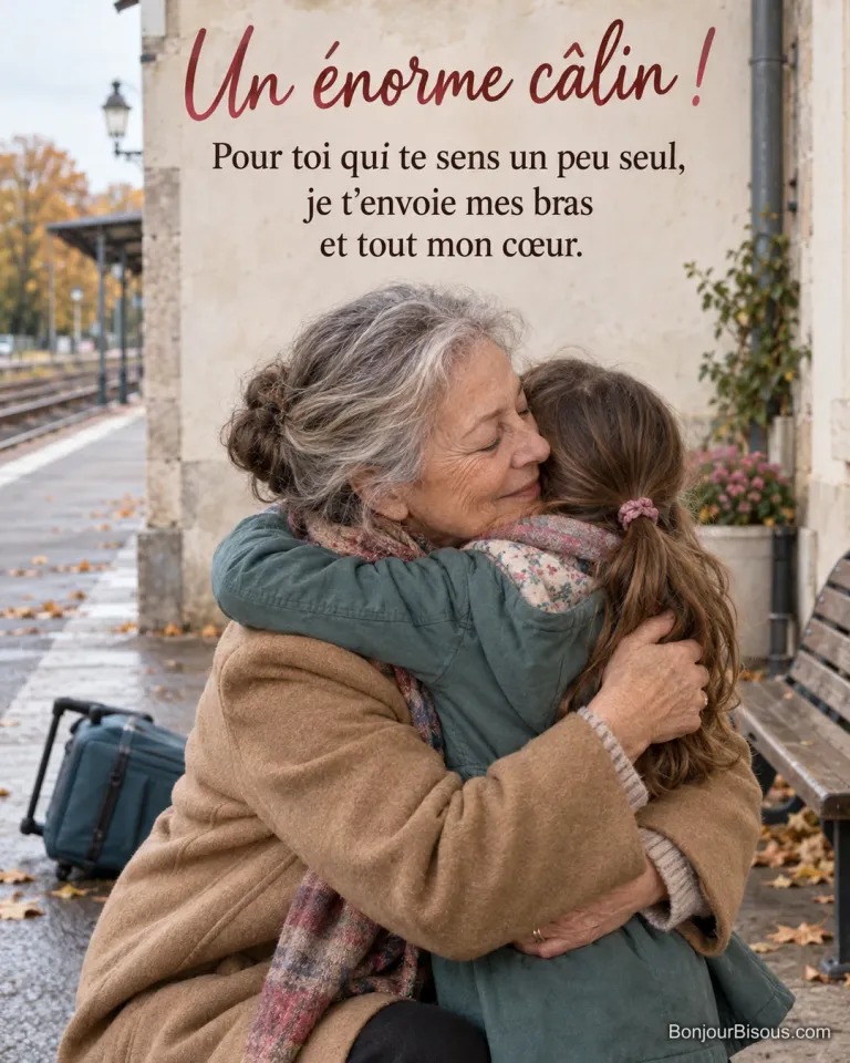 Photo d’une grand-mère en manteau camel qui serre dans ses bras sa petite-fille sur le quai d’une gare en automne, une valise renversée derrière, avec le texte « Un énorme câlin ! Pour toi qui te sens un peu seul, je t’envoie mes bras et tout mon cœur. »