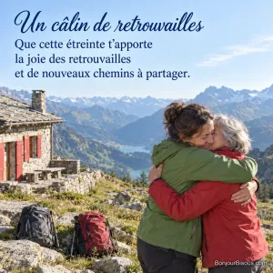 Deux amies se retrouvent dans une étreinte devant un refuge alpin aux volets rouges, avec le texte « Un câlin de retrouvailles Que cette étreinte t’apporte la joie des retrouvailles et de nouveaux chemins à partager. ».