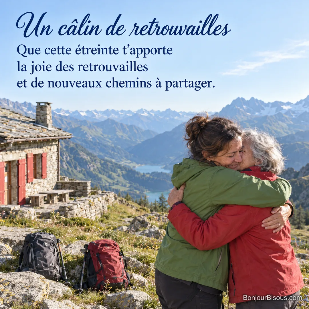 Deux amies se retrouvent dans une étreinte devant un refuge alpin aux volets rouges, avec le texte « Un câlin de retrouvailles Que cette étreinte t’apporte la joie des retrouvailles et de nouveaux chemins à partager. ».