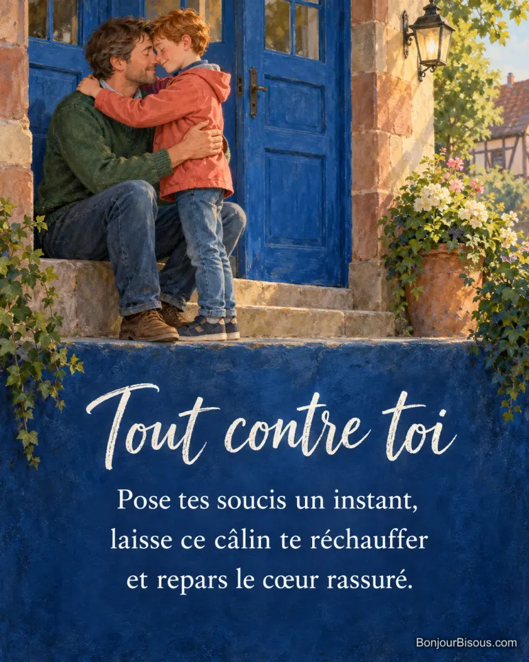 Un père serre son petit garçon contre lui sous le porche bleu d’une école de village, avec le texte « Tout contre toi Pose tes soucis un instant, laisse ce câlin te réchauffer et repars le cœur rassuré. ».