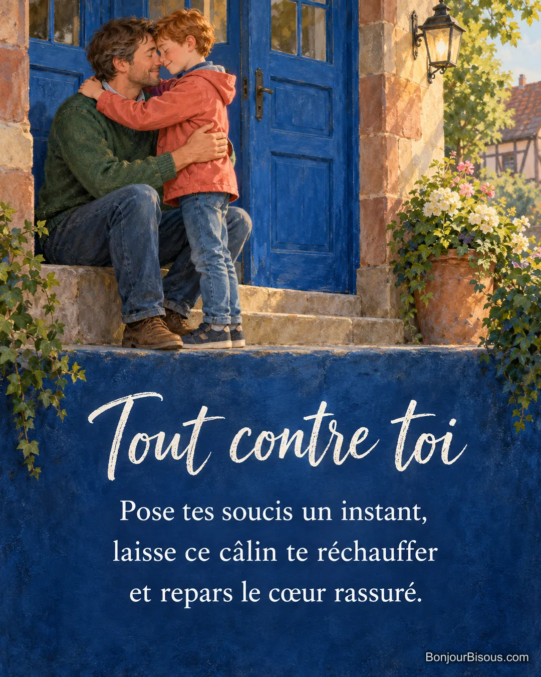 Un père serre son petit garçon contre lui sous le porche bleu d’une école de village, avec le texte « Tout contre toi Pose tes soucis un instant, laisse ce câlin te réchauffer et repars le cœur rassuré. ».