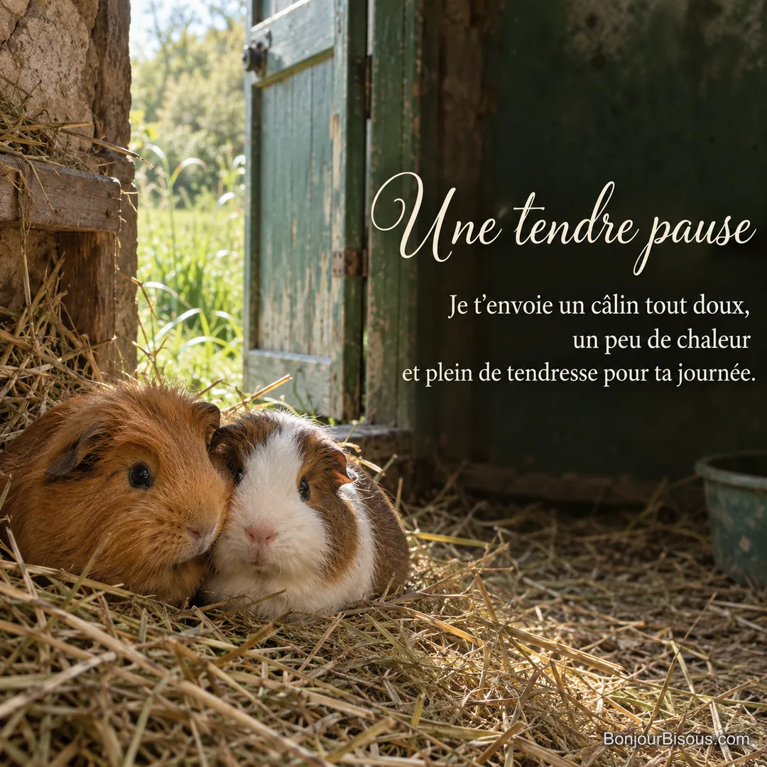 Deux cobayes, l’un roux et l’autre blanc et brun, se blottissent dans du foin clair, avec le texte « Une tendre pause Je t’envoie un câlin tout doux, un peu de chaleur et plein de tendresse pour ta journée. ».