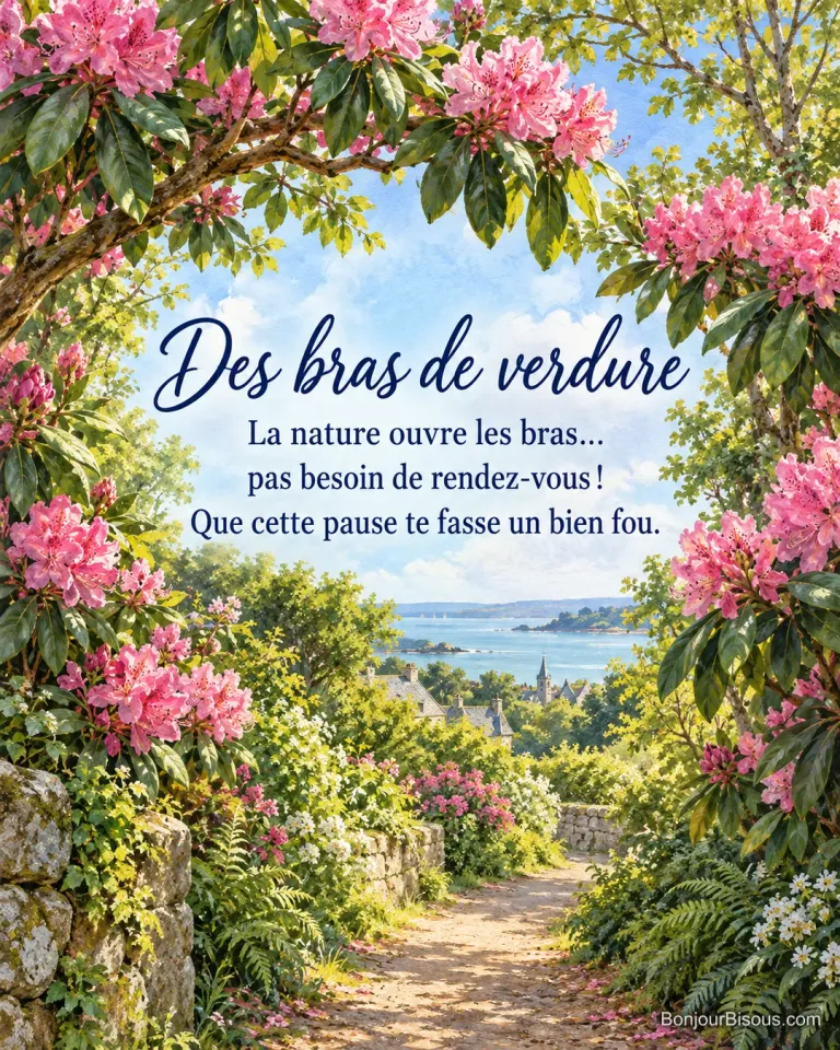 Des branches de rhododendrons roses forment une arche naturelle sur un sentier breton, avec le texte « Des bras de verdure La nature ouvre les bras… pas besoin de rendez-vous ! Que cette pause te fasse un bien fou. ».