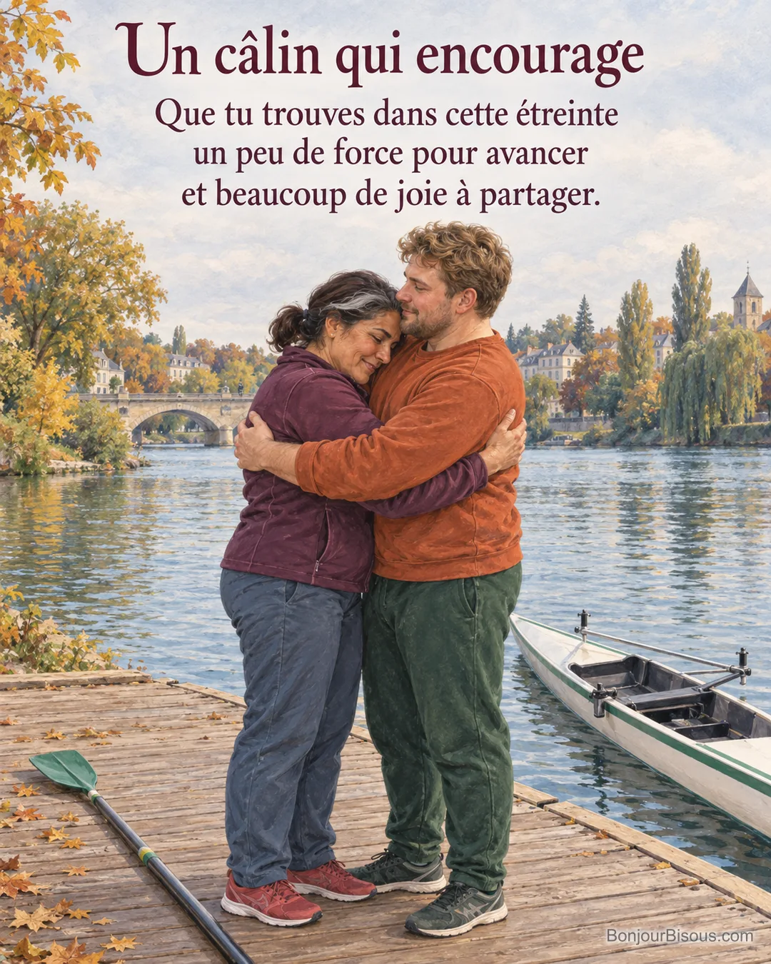 Une mère et son fils adulte s’étreignent sur un ponton de la Marne après une séance d’aviron, avec le texte « Un câlin qui encourage Que tu trouves dans cette étreinte un peu de force pour avancer et beaucoup de joie à partager. ».